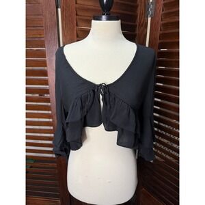 Forever 21 Black Cropped Bolero Shrug Ruffle Tie Front Bell Sleeve Womens M